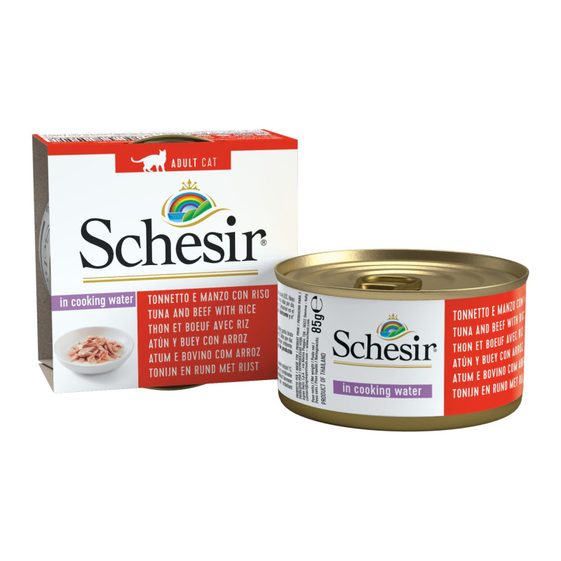 SCHESIR Dans l'eau de cuisson - Boite 85g - Thon et boeuf avec riz Faunelia