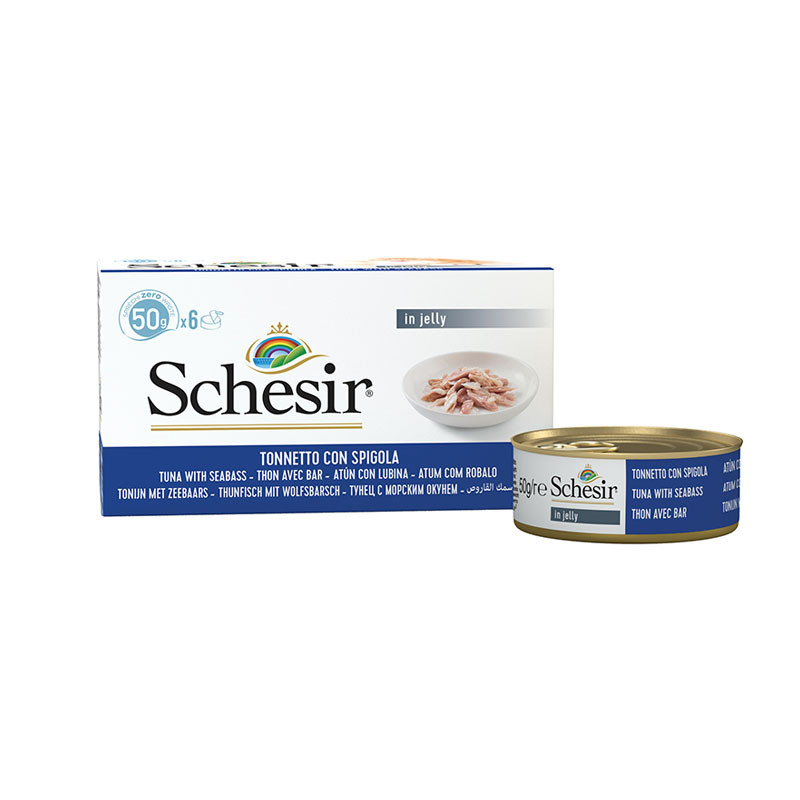 SCHESIR Paté en gelée pour chat - Multipack - Thon avec bar Faunelia